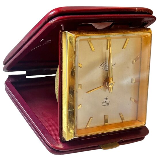 Rosemont Travel Alarm Clock W/  Burgundy Leather Case 15 Rubis Swiss Made Geneva - Picture 6 of 16